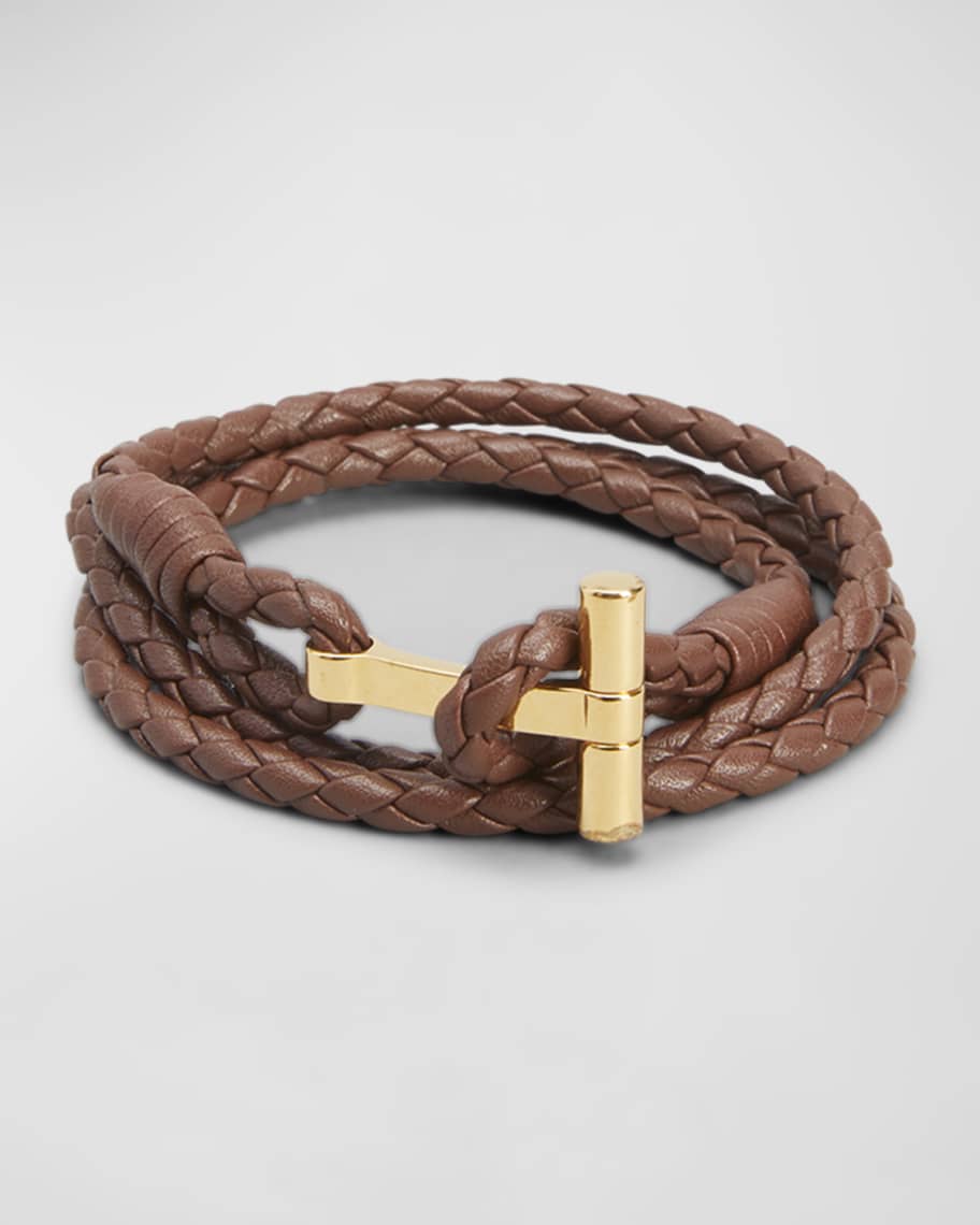 TOM FORD Men's Scoubidou T-Logo Woven Leather Wrap Bracelet