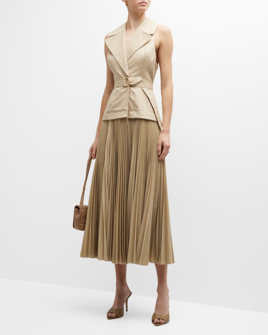 White Pleated Pleated Womens Dress Style Cheat Women's Brown Waistcoat  Pleated Midi Dress