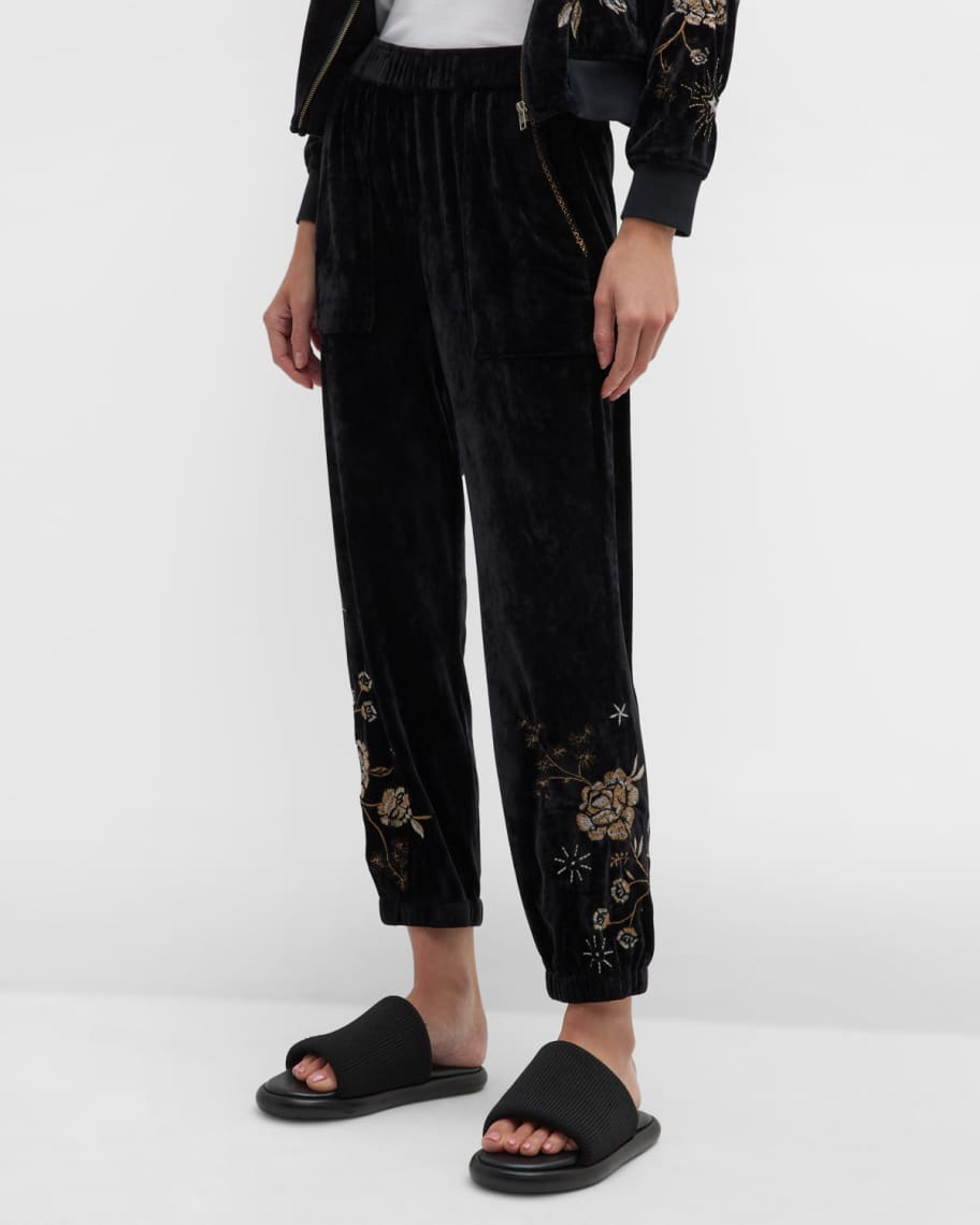 Johnny Was Ally Floral Star Embroidered Velour Ankle Joggers