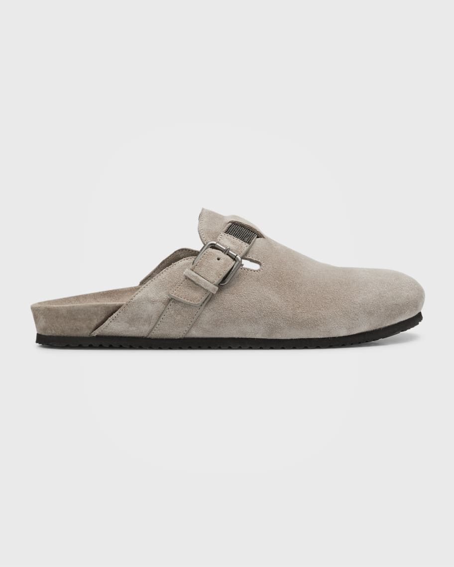 Brunello Cucinelli Monili Suede Buckle Flat Mules | Neiman Marcus