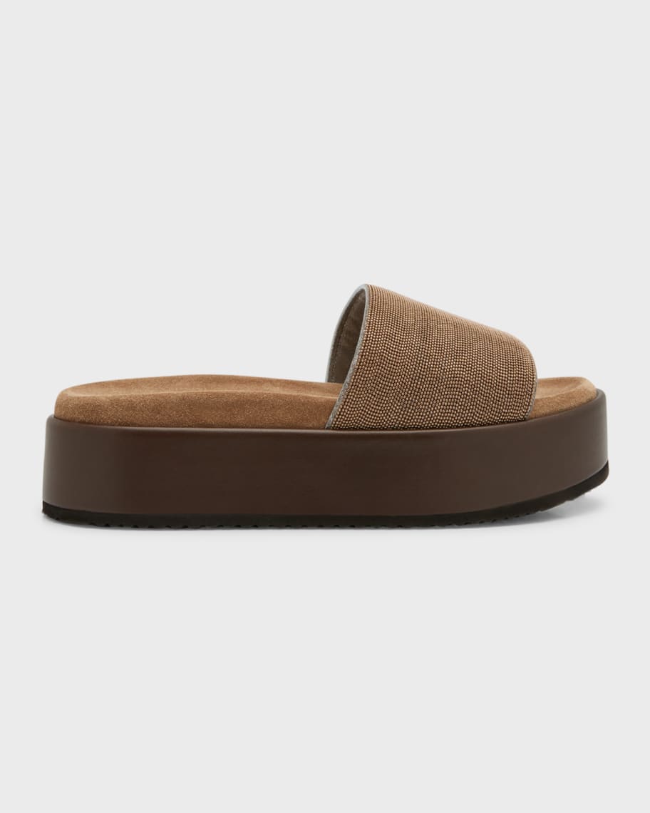 Brunello Cucinelli Monili Leather Platform Slide Sandals Neiman