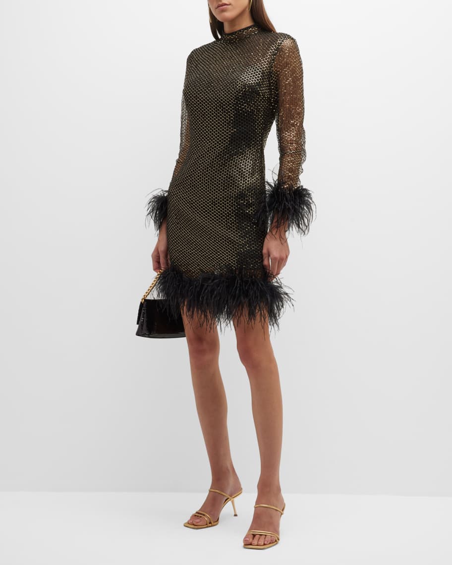 Jovani Sequin Mock-Neck Feather-Trim Mini Dress | Neiman Marcus