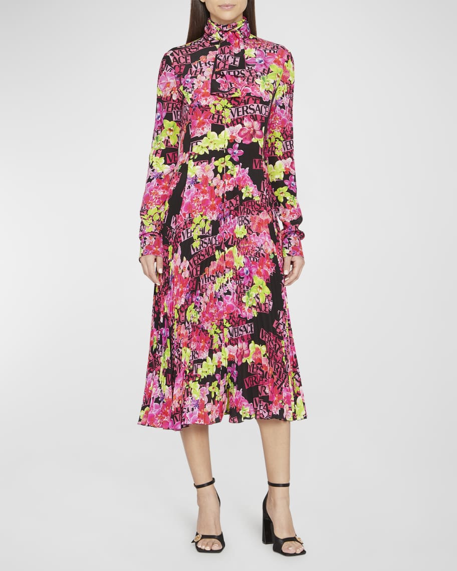 Versace Orchid Logo-Print Crepe Scarf-Neck Midi Dress | Neiman Marcus
