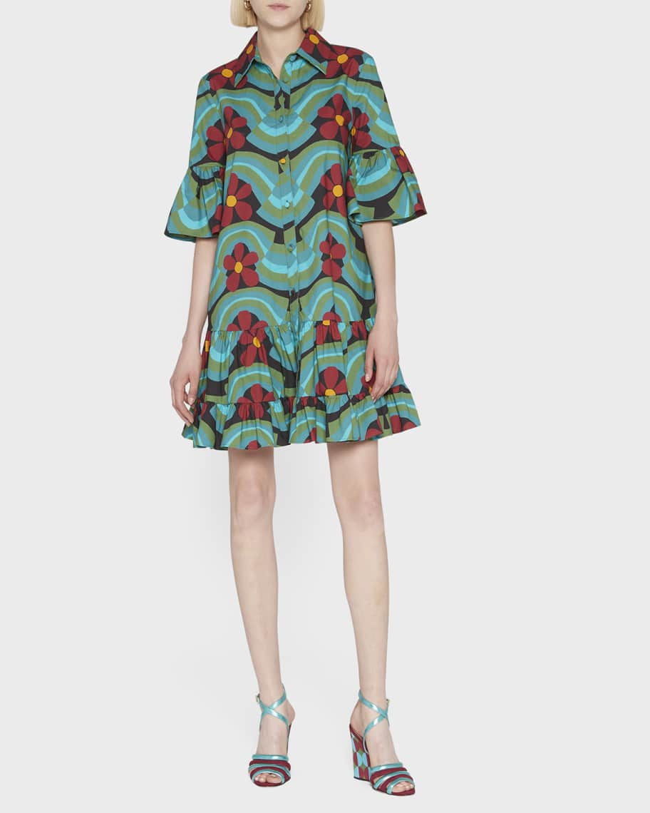 La DoubleJ Choux Wavy Floral-Print Tiered Shirtdress | Neiman Marcus