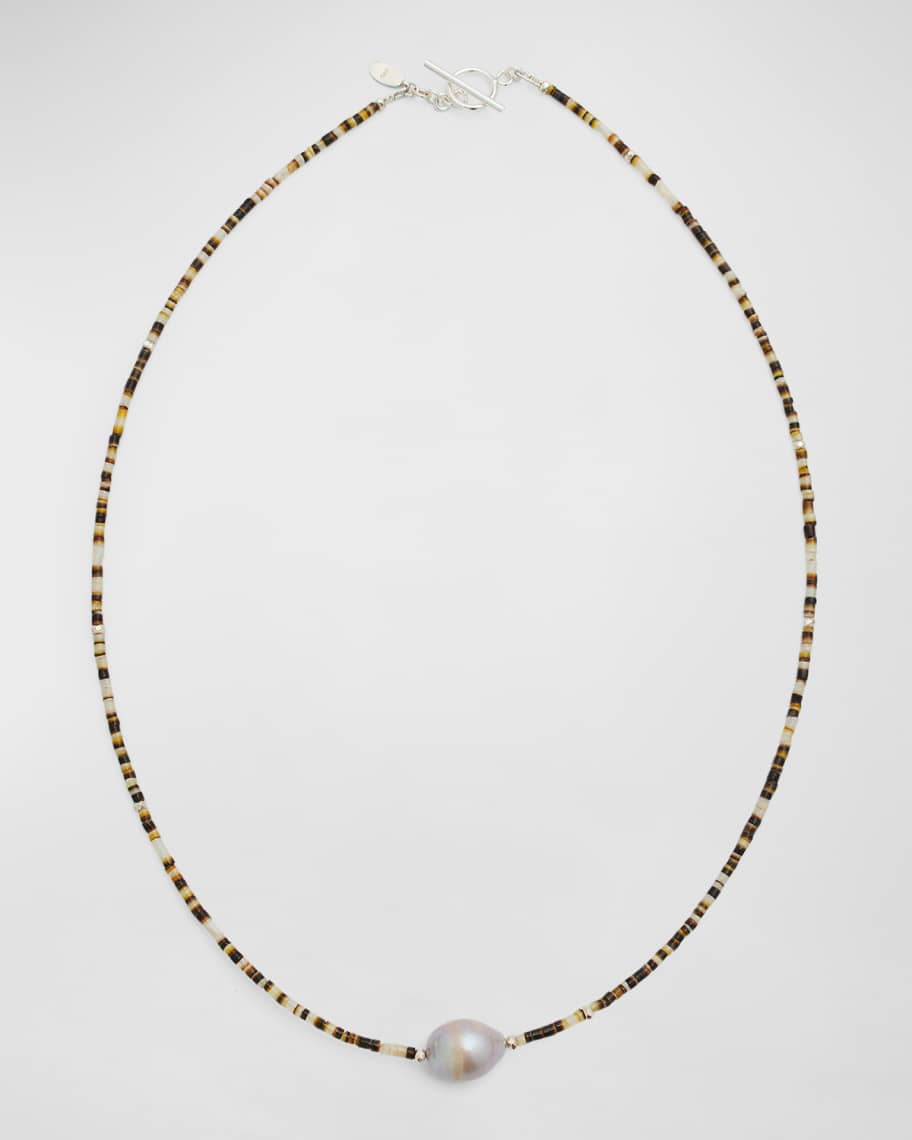 Jan Leslie Men's Wheat Shell Beaded Necklace with Grey Freshwater Pearl