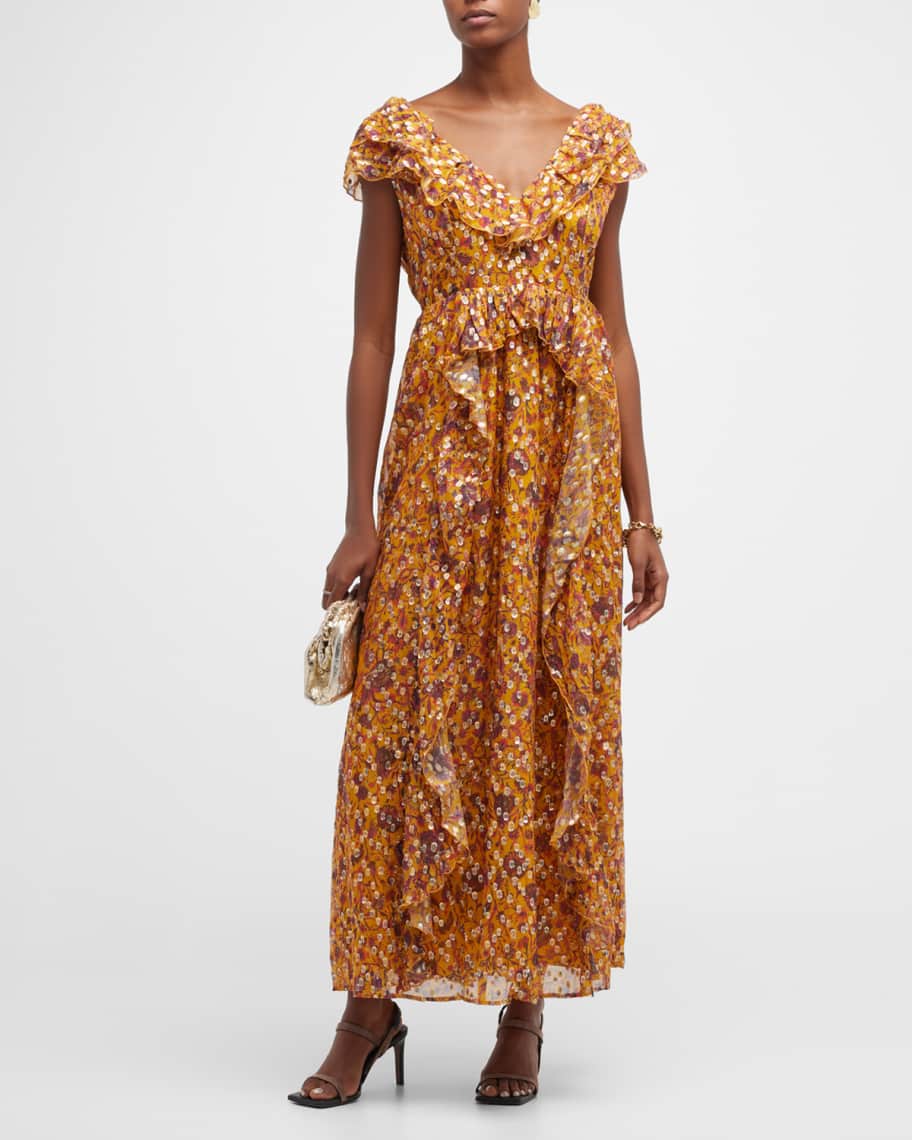 Marie Oliver Jayda Floral-Print Metallic-Dot Gown | Neiman Marcus