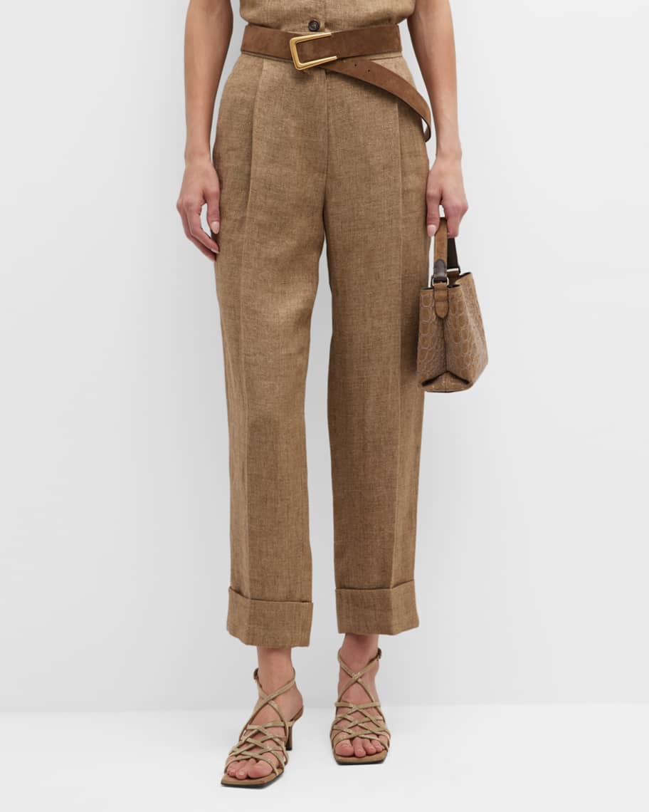 Brunello Cucinelli Metallic Linen Twill Pleated Tapered-Leg