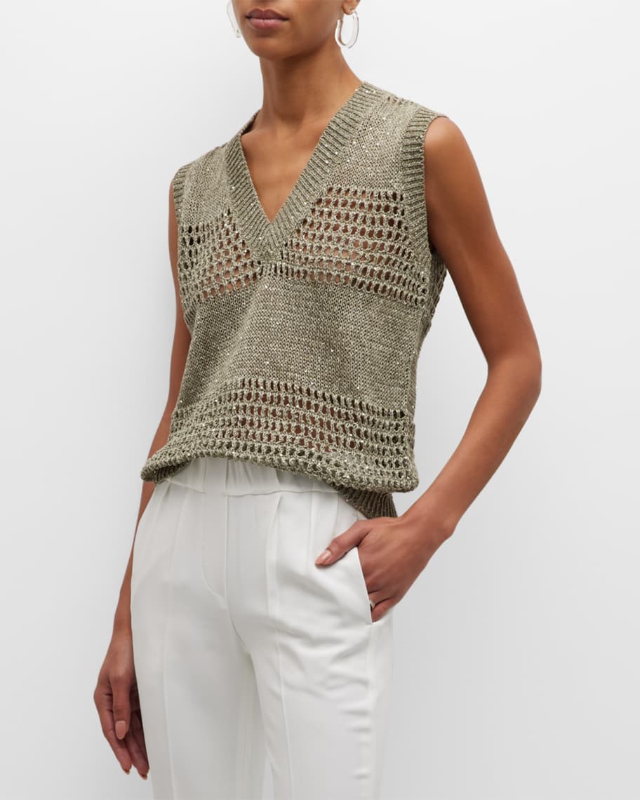 【送料&関税込】Brunello Cucinelli Crochet Knit V-neck Vest Brunello Cucinelli Linen Paillette Crochet Striped V-Neck