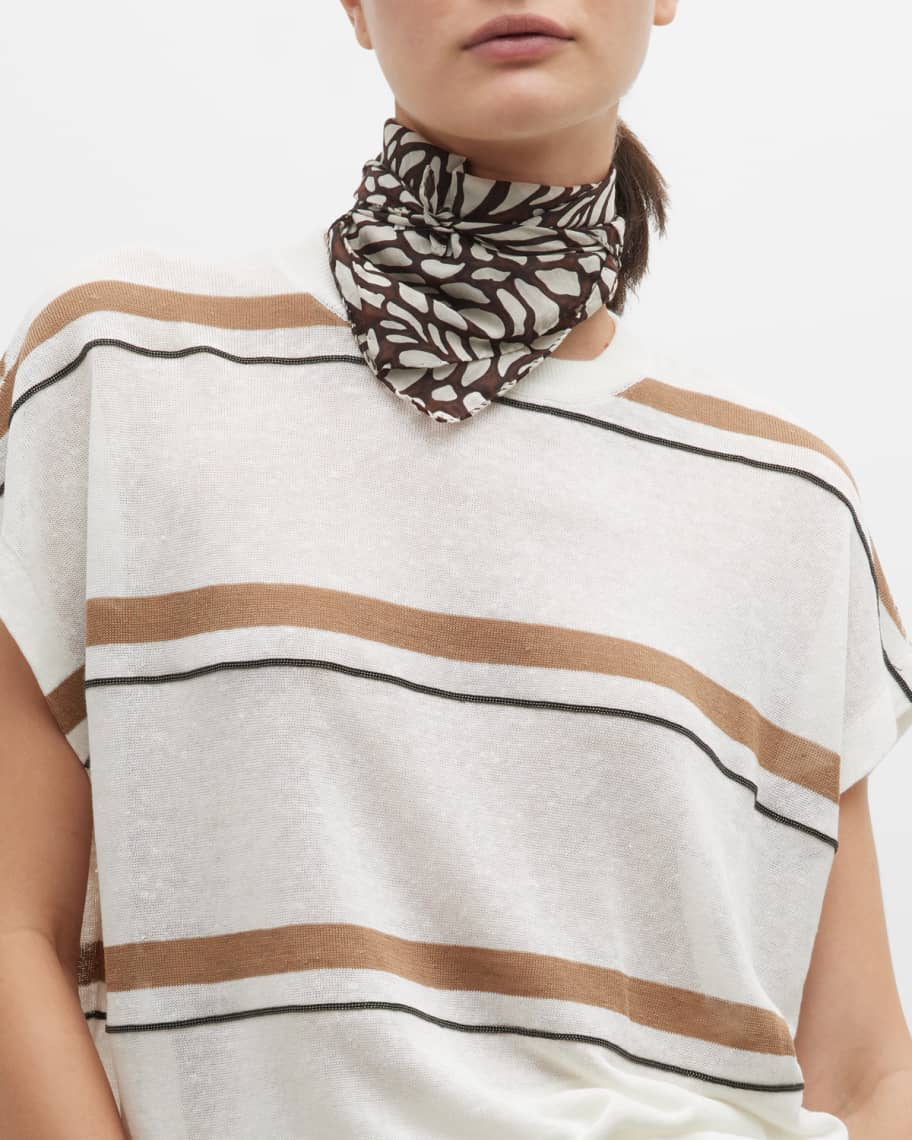 Brunello Cucinelli Botanical-Print Monili-Trim Silk Cotton Foulard