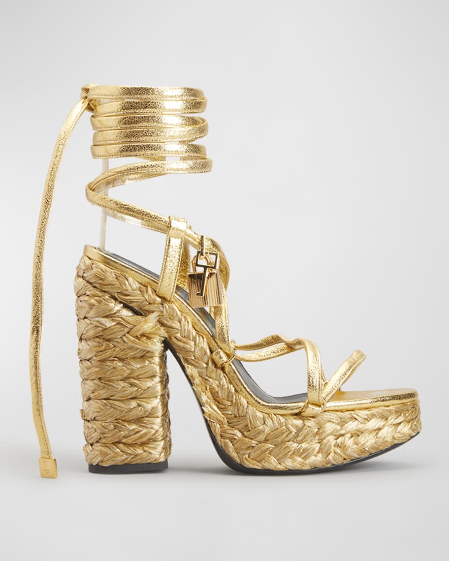 TOM FORD Metallic Rope Ankle-Wrap Platform Sandals | Neiman Marcus