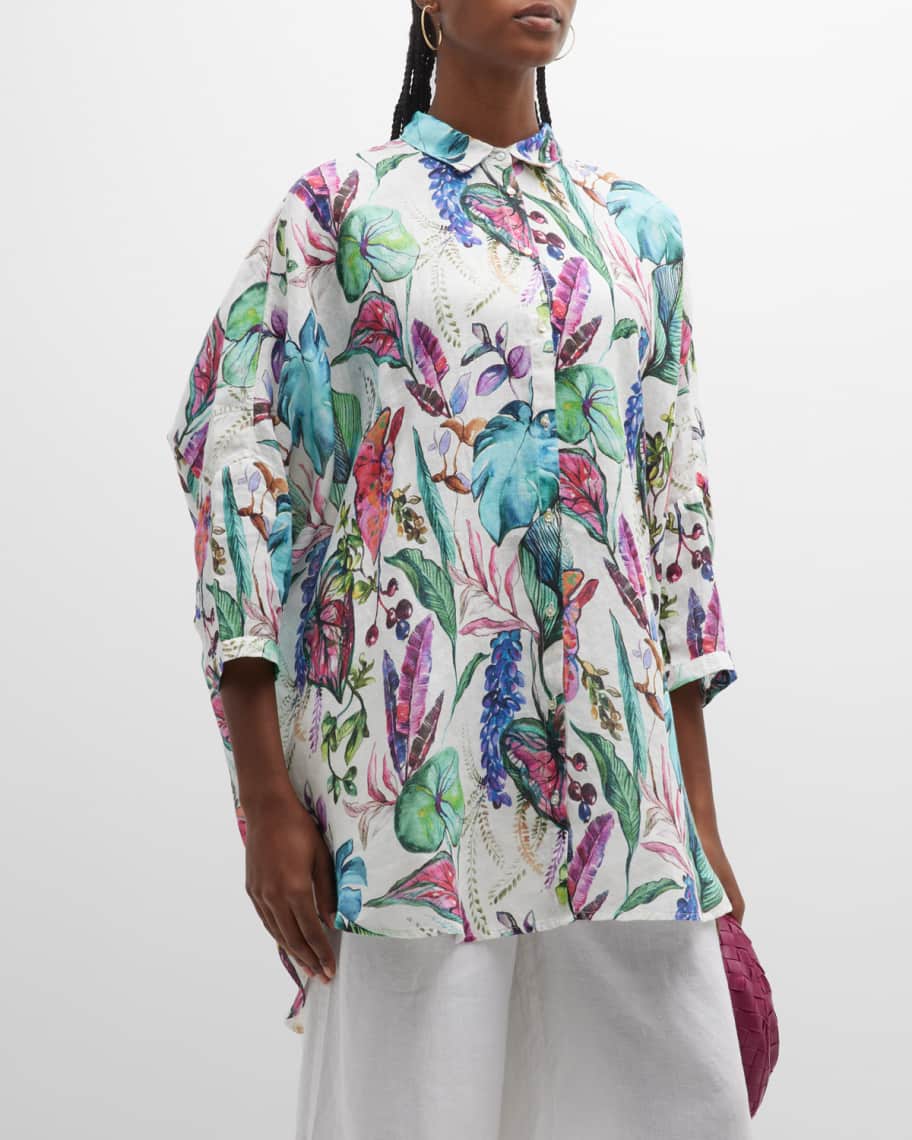 120% Lino Oversized Botanical-Print Linen Shirt | Neiman Marcus
