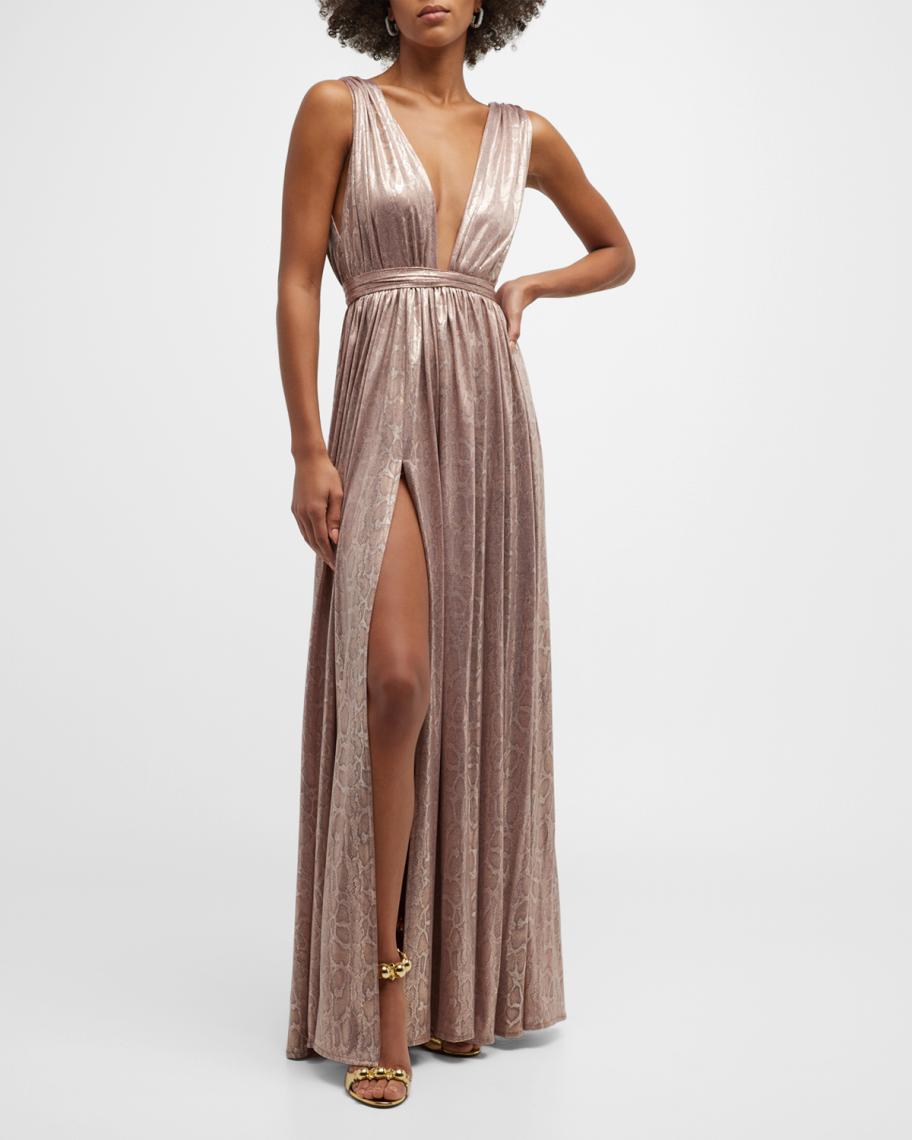 Bronx and Banco Romi Snakeskin-Print Deep V-Neck Gown | Neiman Marcus