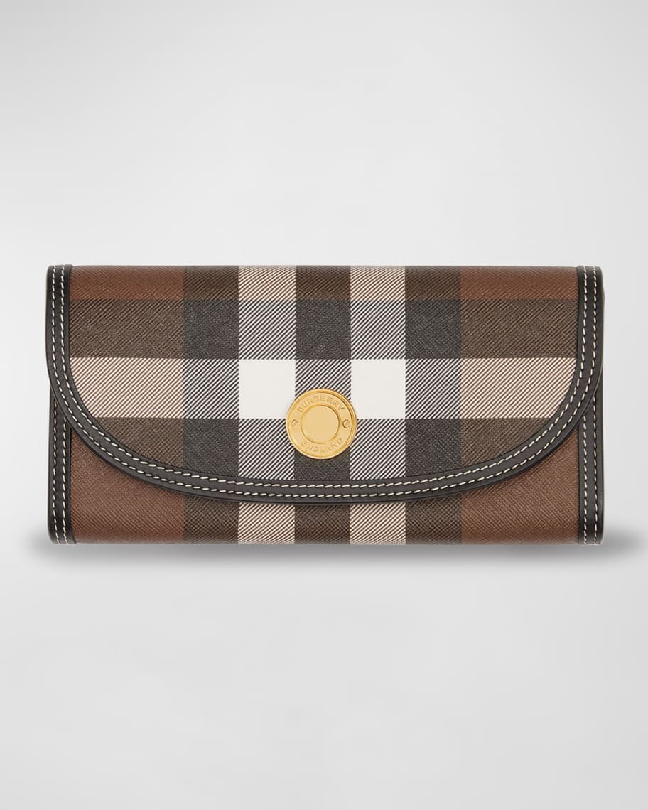 Check and Leather Continental Wallet in Dark Birch Brown - Women