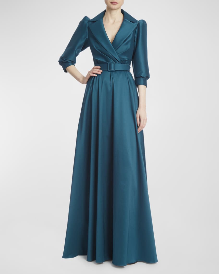 Badgley Mischka Collection Pleated Belted Shirt Gown | Neiman Marcus