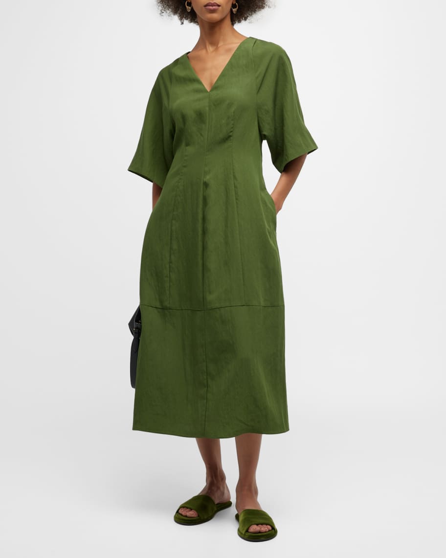 V-Neck Flutter Sleeve Pleated Midi Dress