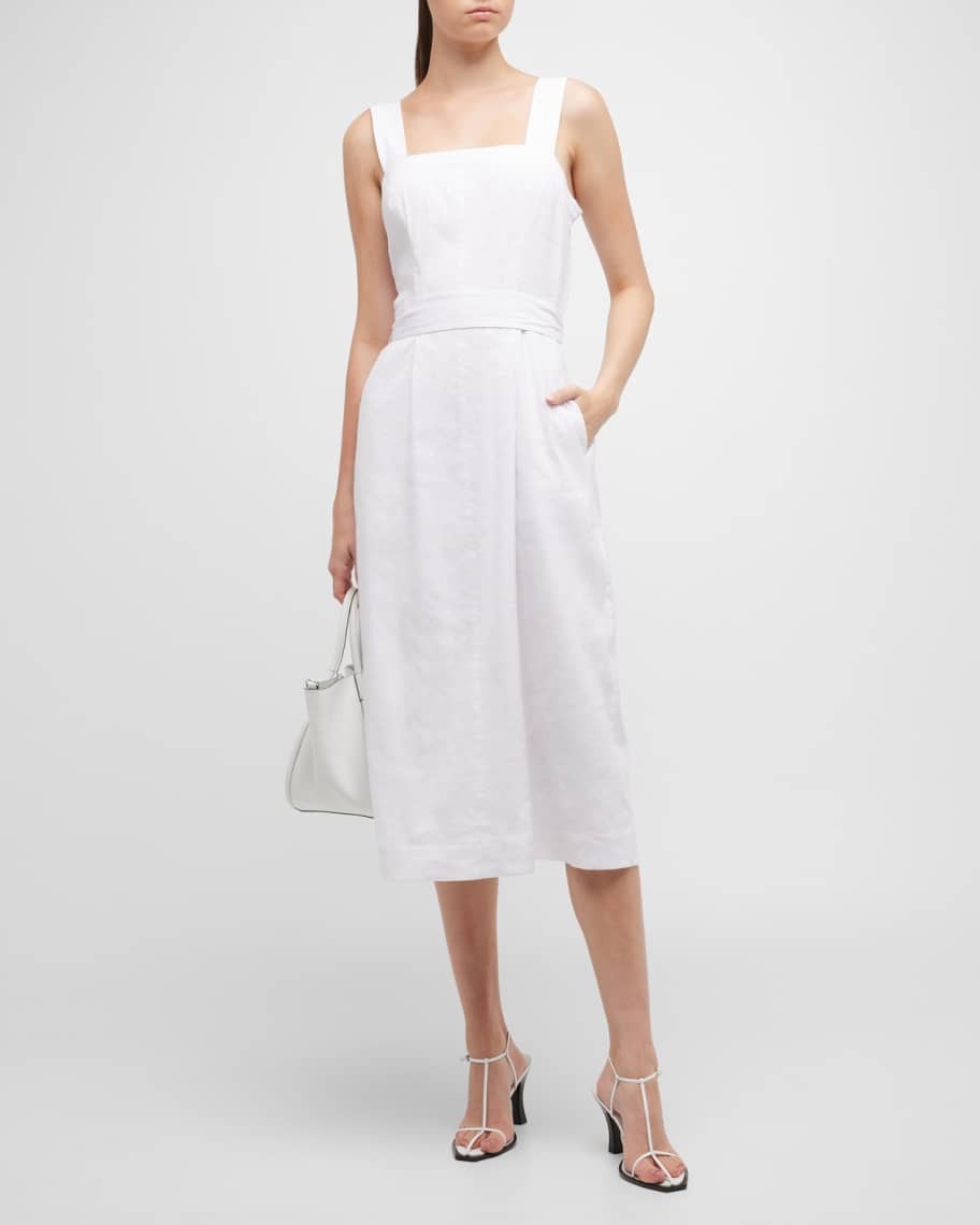 Viki Linen Blend Square Neck Wide Strap Side Button Pocket Tassel Trim Midi Dress