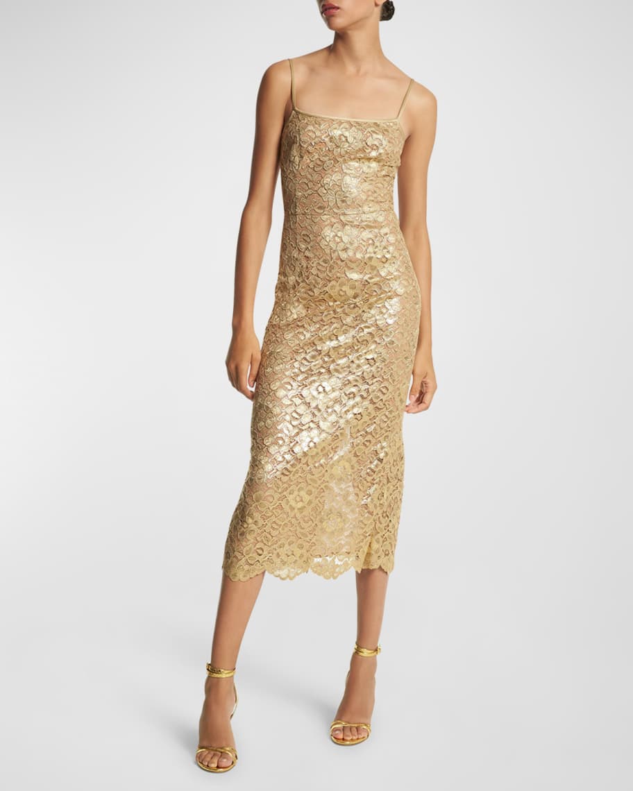 Michael Kors Collection Laminated Lace Midi Slip Dress | Neiman Marcus
