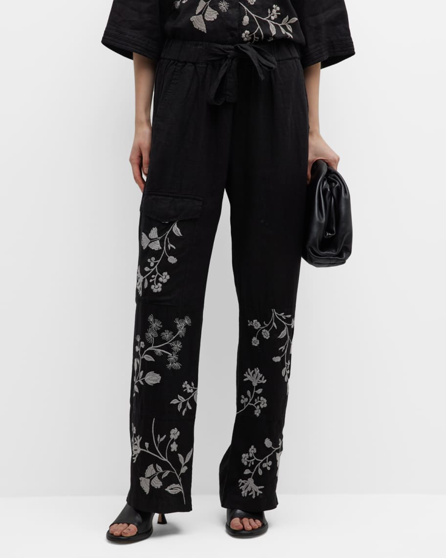 Johnny Was Lael Wide-Leg Embroidered Linen Cargo Pants | Neiman Marcus