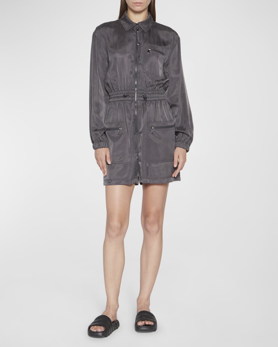 Moncler Satin Long-Sleeve Romper with Zip Pockets | Neiman Marcus