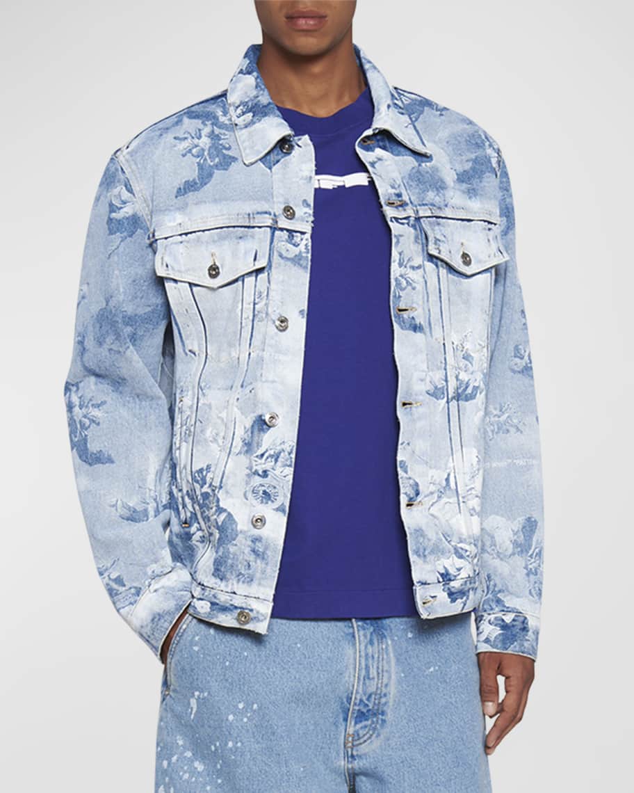 Men's Patchwork Denim Zip Jacket In Blue Washed/white
