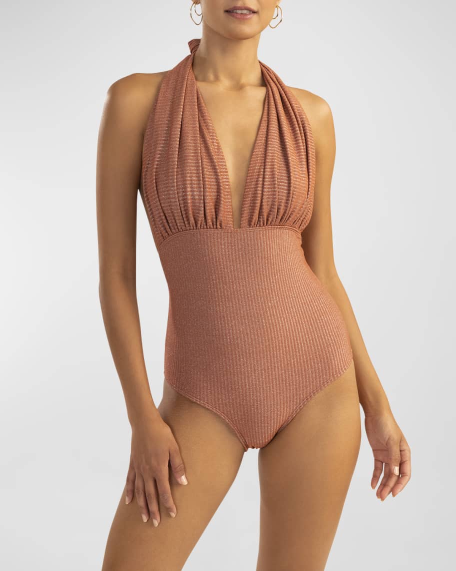 Deep V Halter Solid One Piece Swimsuit Set