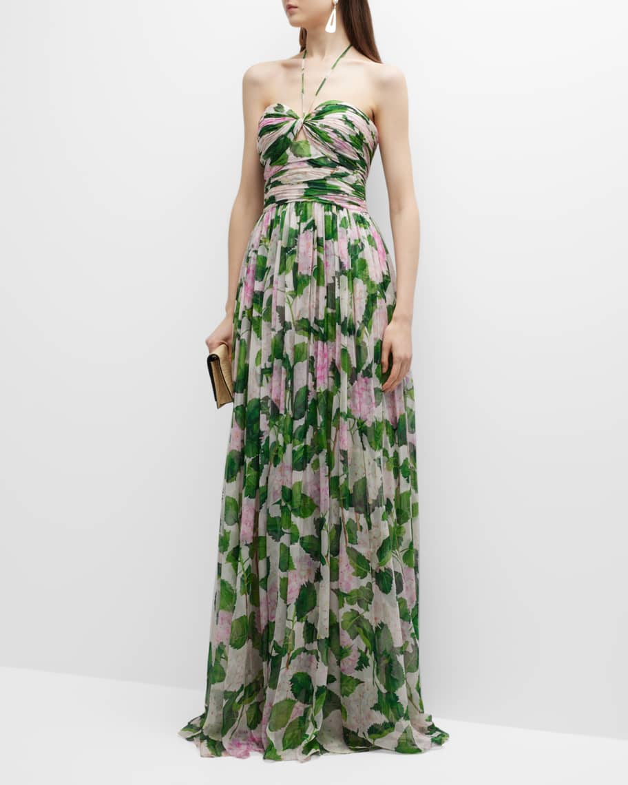 Oscar de la Renta Draped Chiffon Hydrangea Printed Gown Neiman Marcus