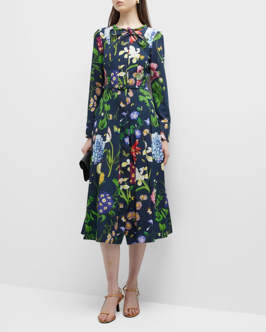 Oscar de la Renta Multi Floral-Print Pleated Cady Midi Dress with Belt