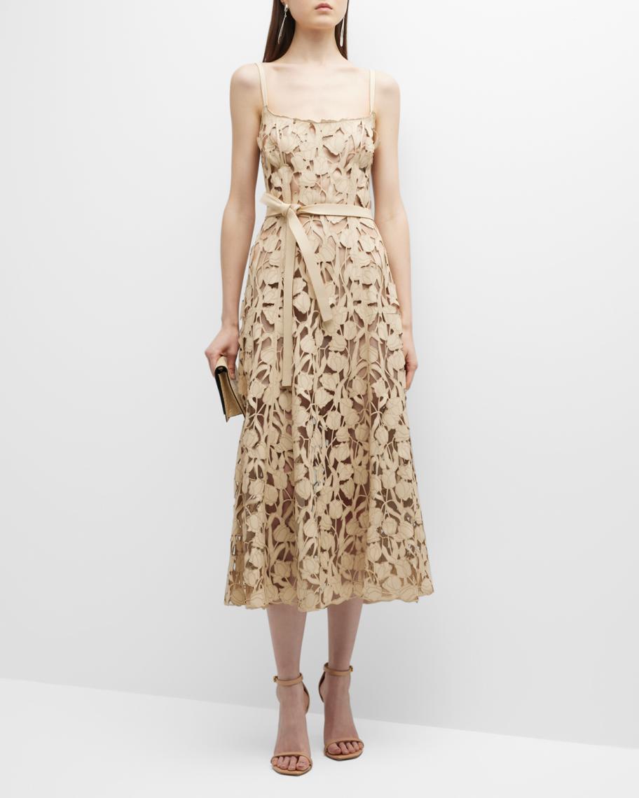oscar de la renta cut-out leather midi dress Oscar de la Renta Floral Lasercut Leather Midi Dress
