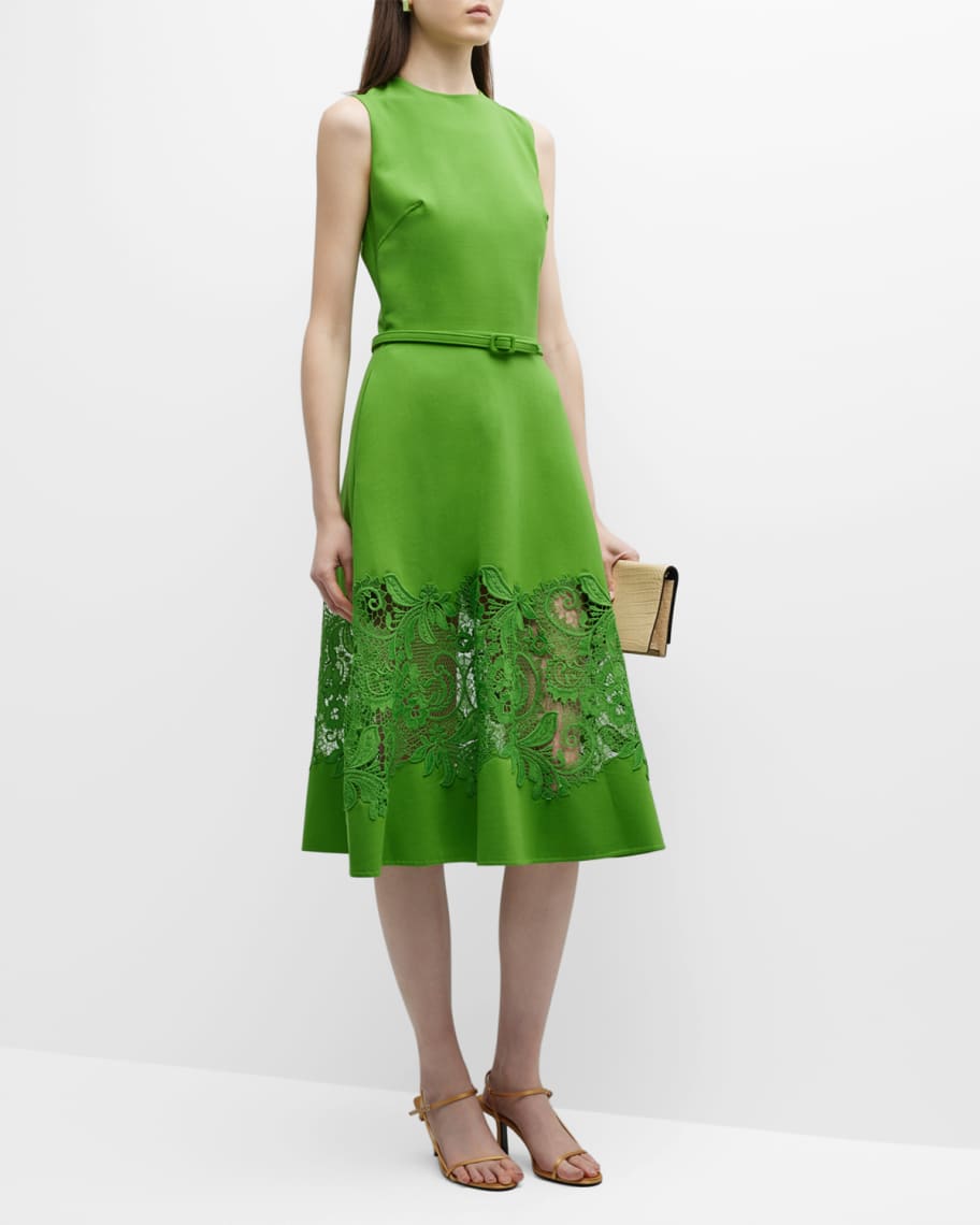 Oscar de la Renta Belted Midi Dress with Lace Inset | Neiman Marcus
