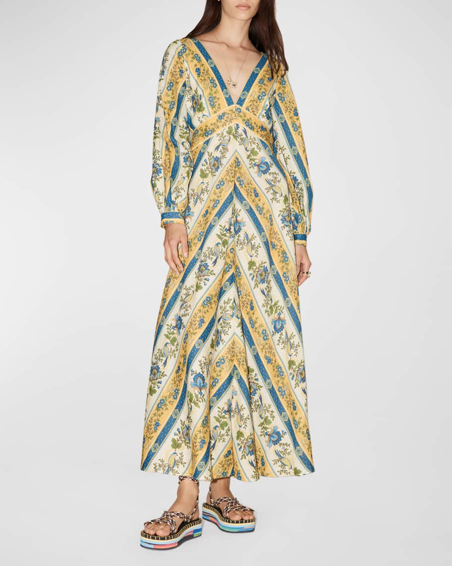 ALEMAIS Quinn Chevron Print Linen Midi Dress Neiman Marcus