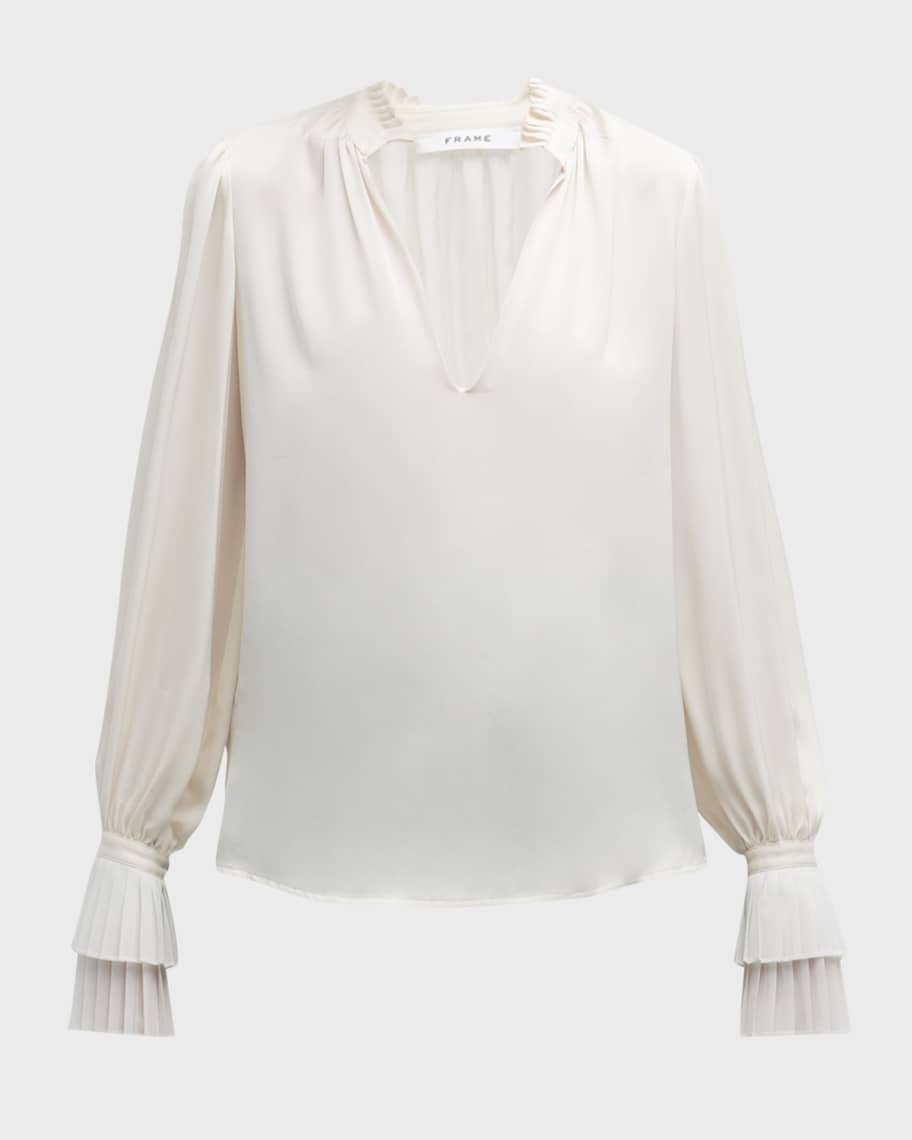 FRAME VNeck Pleated Cuff Top Neiman Marcus