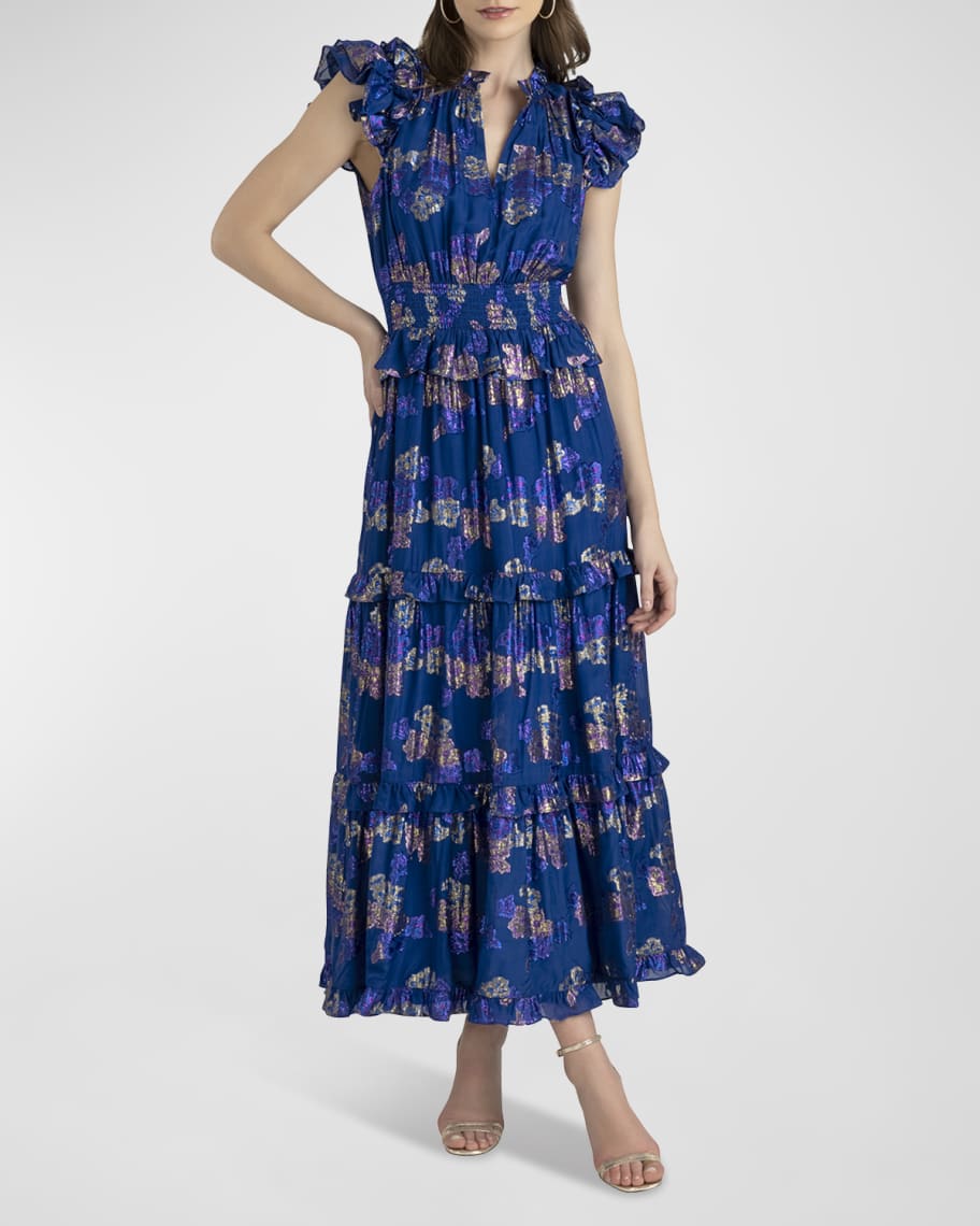 Shoshanna Maren Tiered Flutter-Sleeve Midi Dress | Neiman Marcus