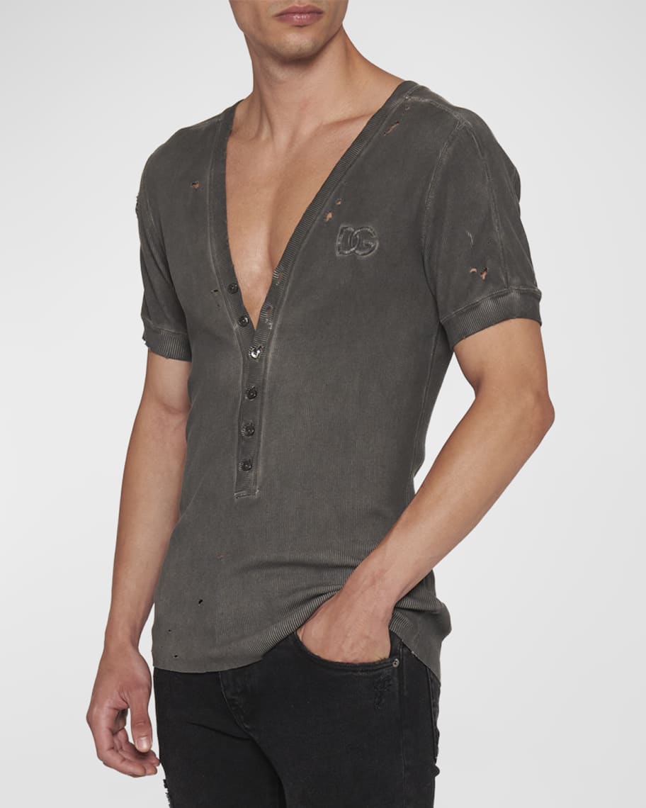 Dolce&Gabbana Men's Destroyed V-Neck Henley Shirt | Neiman Marcus