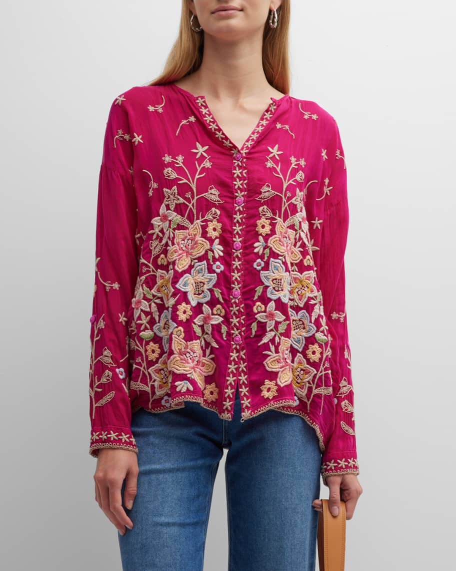 Johnny Was Jenai Floral Embroidered Button-Front Blouse | Neiman Marcus