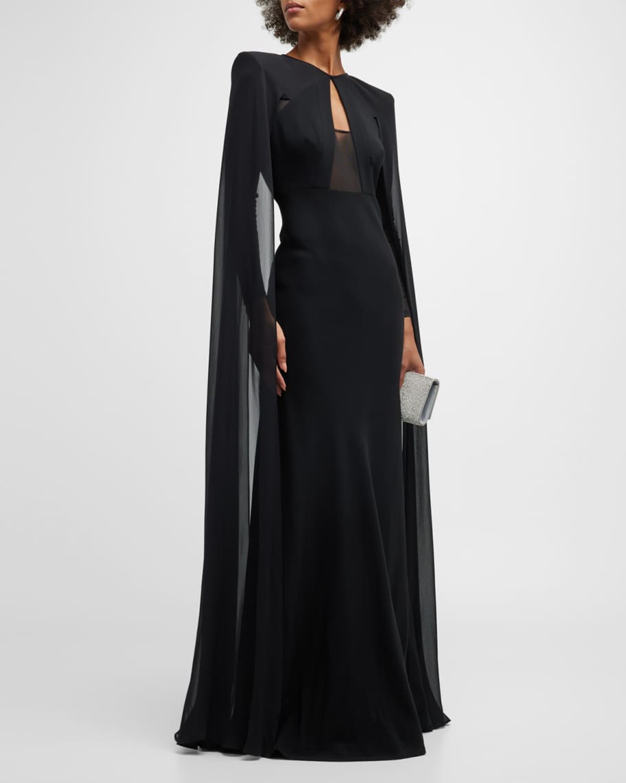 Roland Mouret Cape-Sleeve Evening Gown w/ Mesh Detail | Neiman Marcus