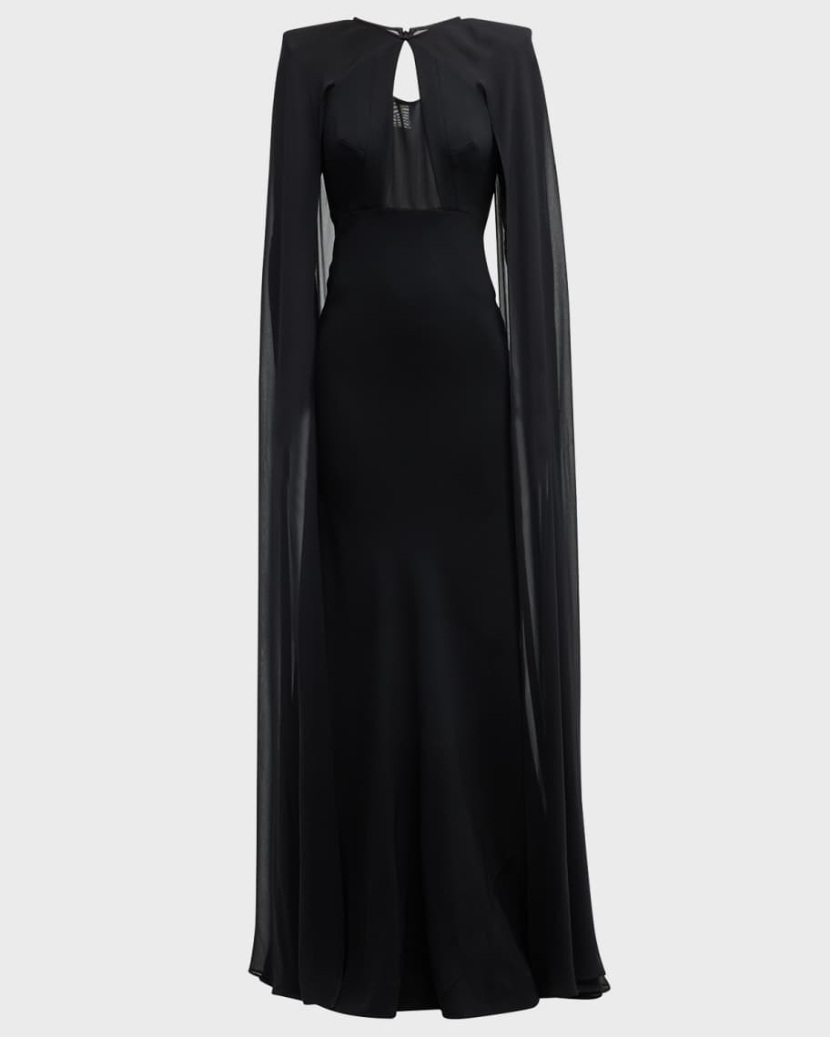 Roland Mouret Cape-Sleeve Evening Gown w/ Mesh Detail | Neiman Marcus