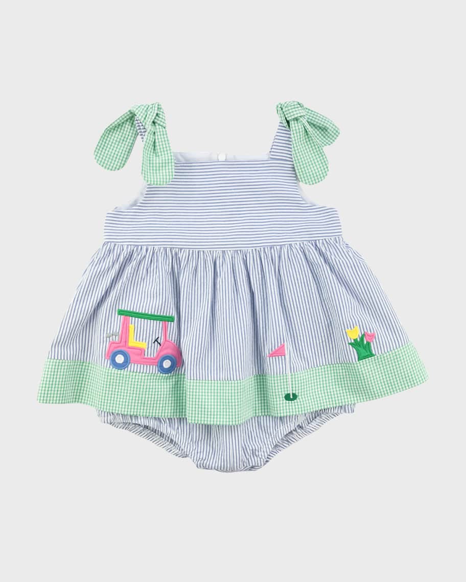 Claire & Charlie Girls Green Stripe Seersucker Bloomers Set - Golf Cart main image 1