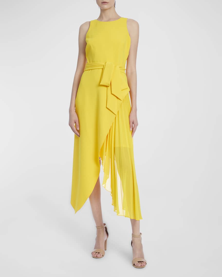 Badgley Mischka Collection Pleated Crepe Handkerchief Midi Dress