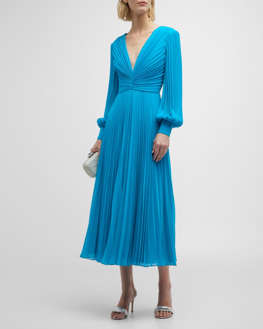 Badgley Mischka Collection Bishop-Sleeve Pleated A-Line Midi Dress ...