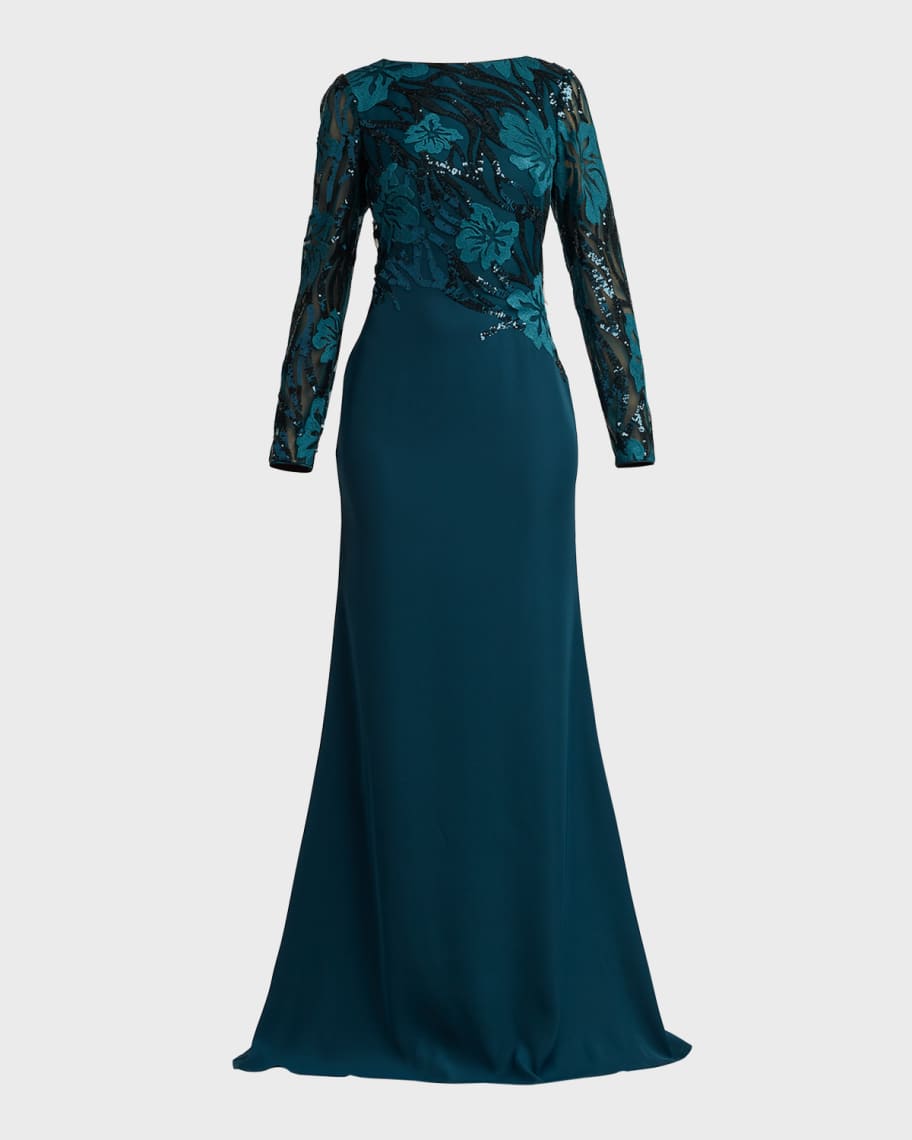 Tadashi Shoji Two Tone Embroidered Sequin Crepe Gown Neiman Marcus