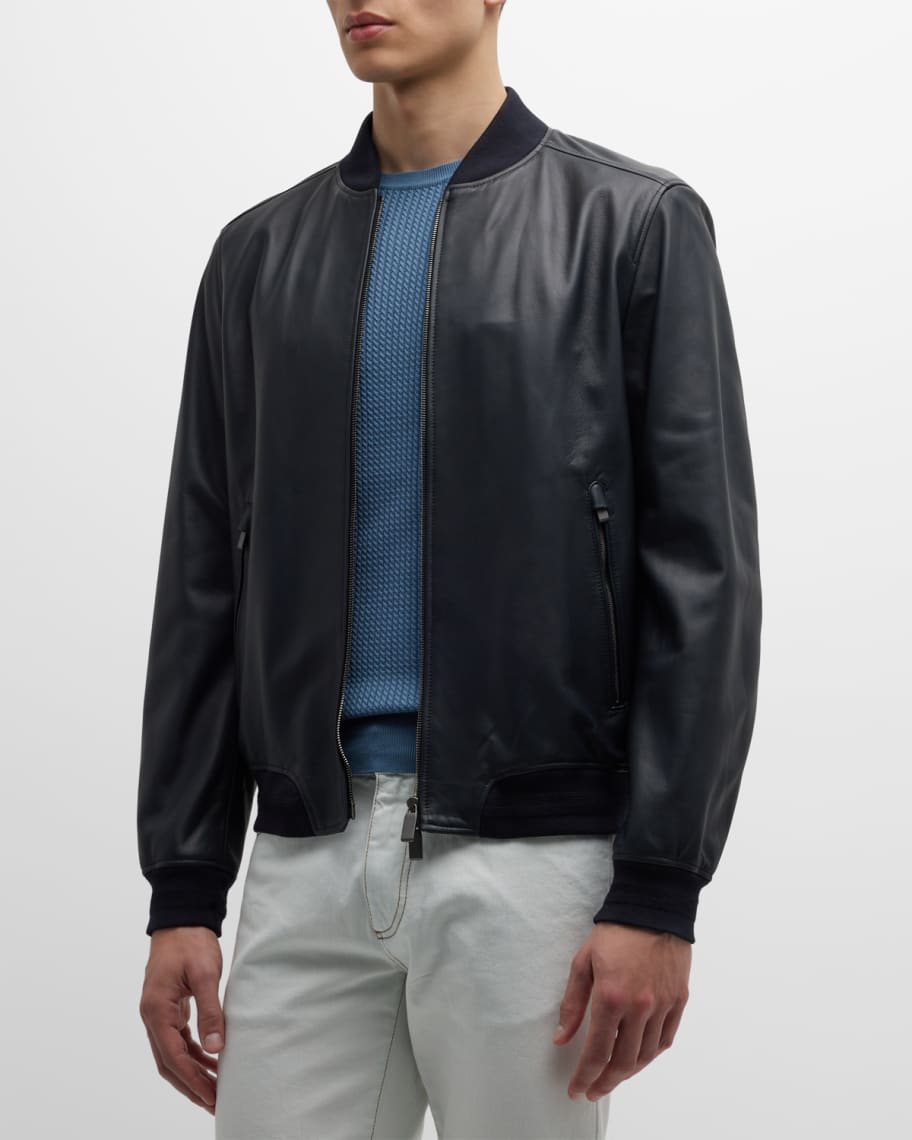 Canali Men's Midnight Leather Bomber Jacket | Neiman Marcus