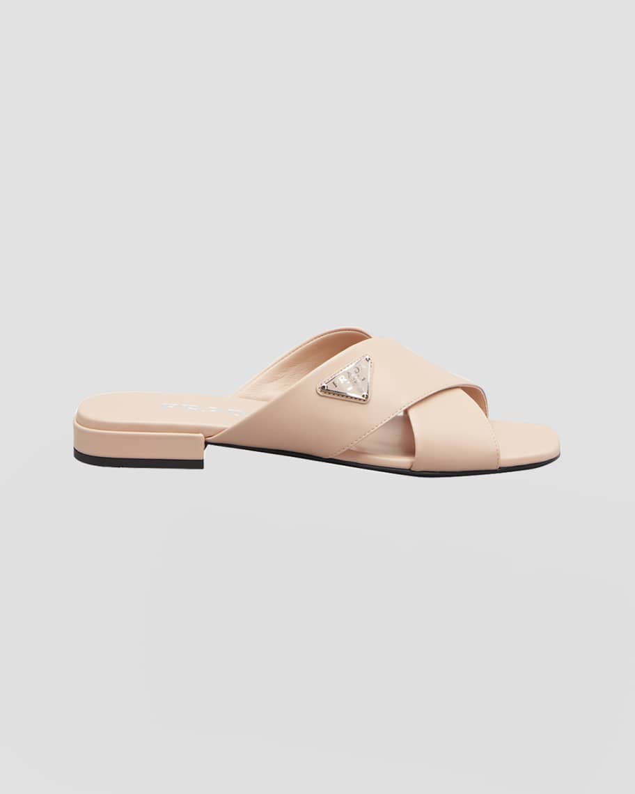 Prada Leather Crisscross Flat Slide Sandals | Neiman Marcus