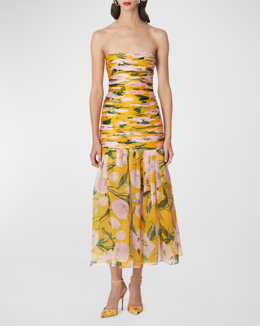 Carolina Herrera Strapless Floral-Print Gathered Drop-Waist Midi Dress ...