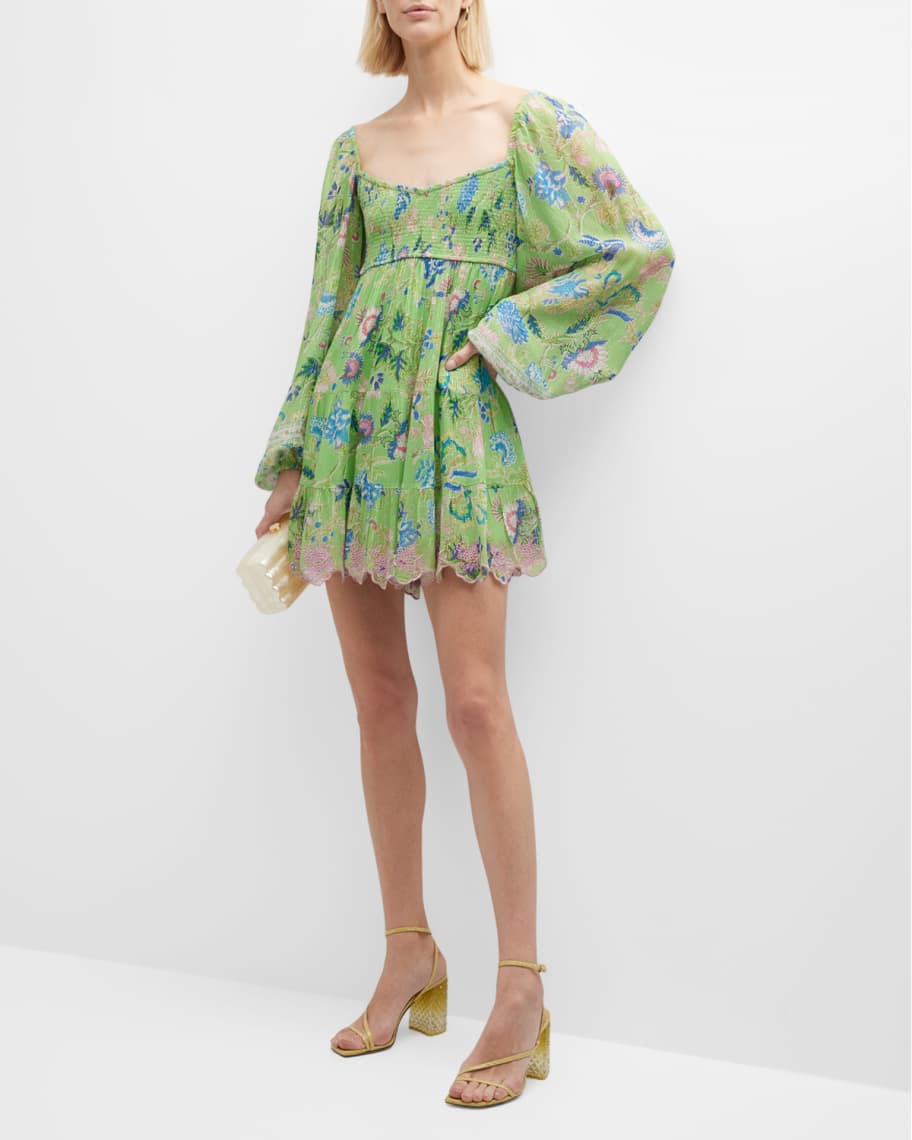 Hemant & Nandita Short Ballon-Sleeve Tiered Mini Dress | Neiman Marcus