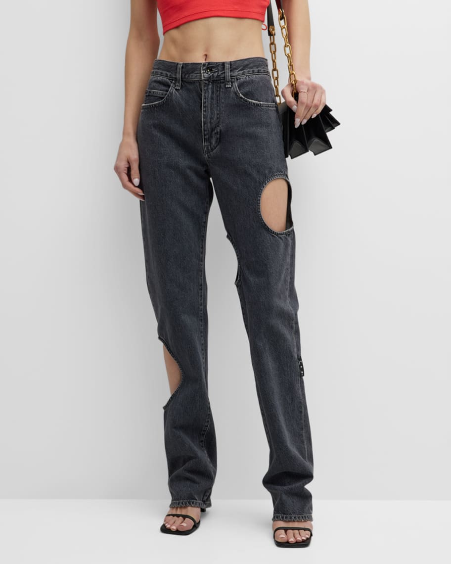 efu CUT OUT STRAIGHT DENIM Ｍ Cut Out Mid Wash Straight Leg Jean | Cut Out Straight Leg Jean