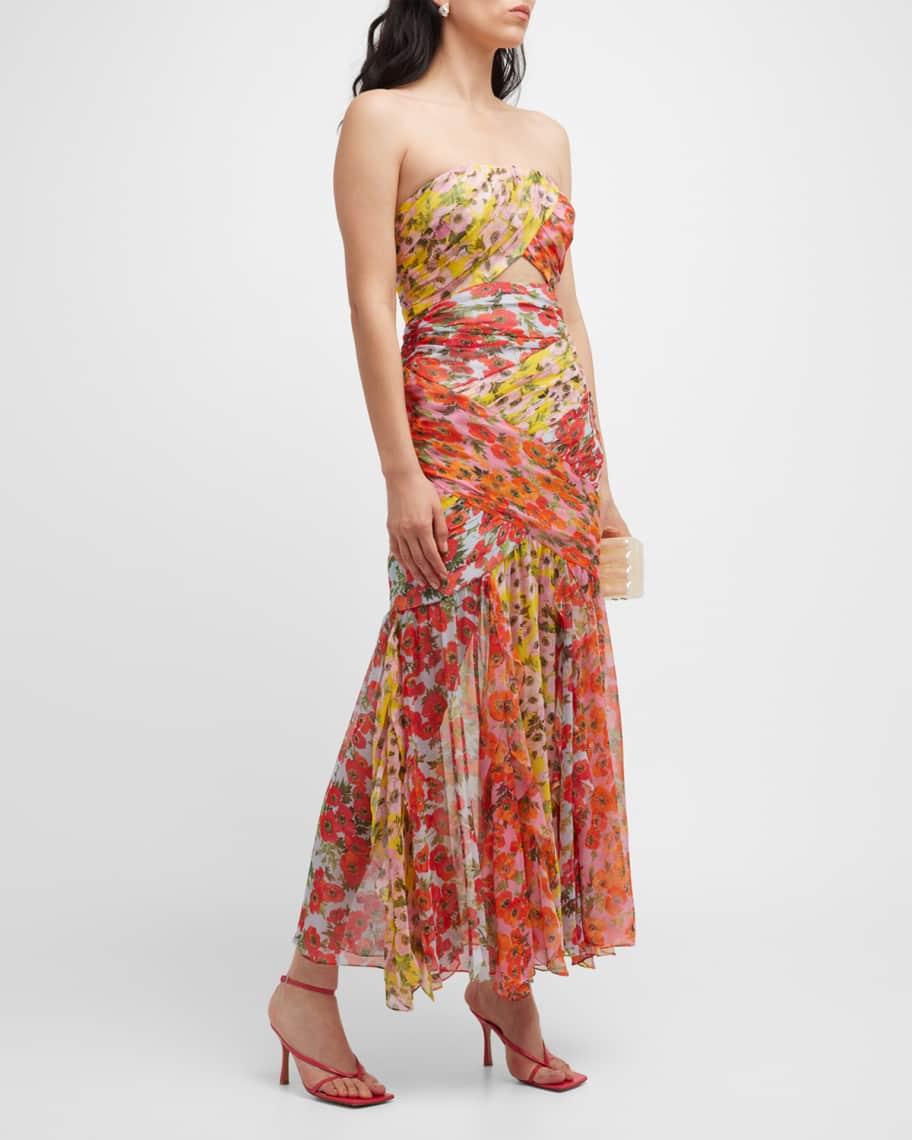 Carolina Herrera Floral Print Bustier Midi Dress w/ Front Cutout ...