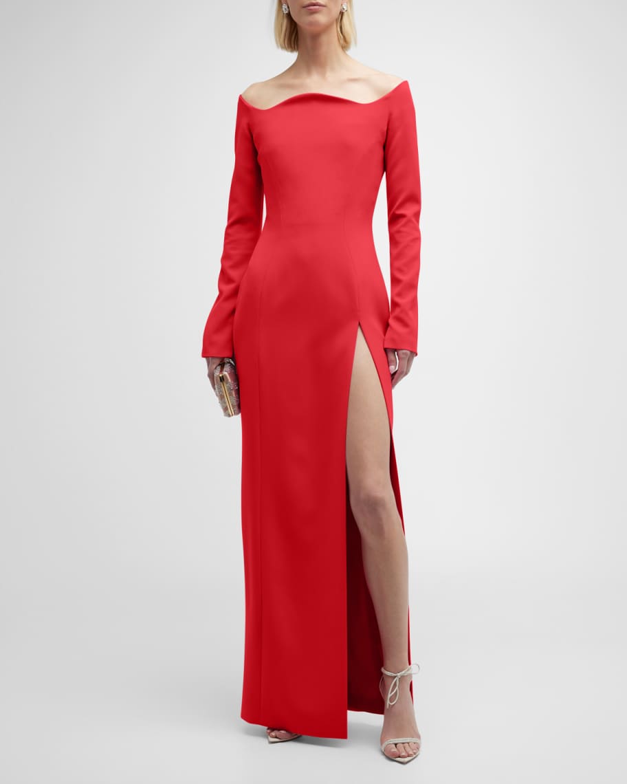MONOT Wavy Off-The-Shoulder Long-Sleeve Side-Slit Gown | Neiman Marcus