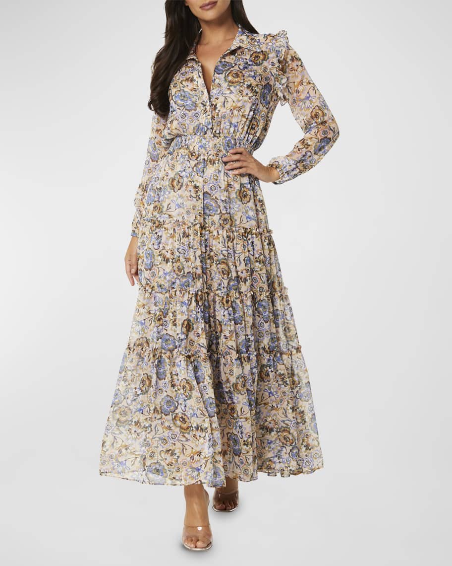 misa los angeles dress Ahreana Tiered Ruffle-Trim Floral Maxi Crafted from a stretch knit jacquard MISA Los Angeles Dresses
