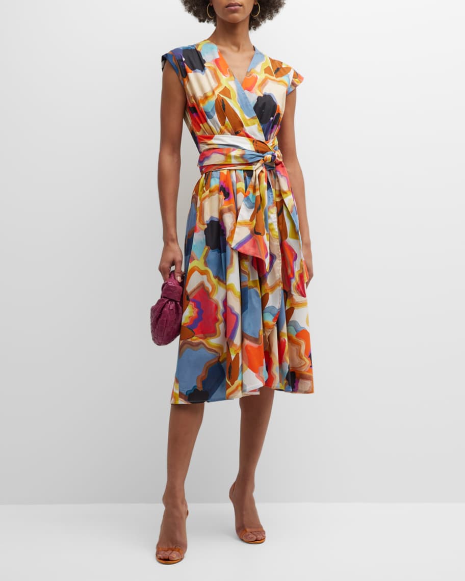Marella Salerno1 Abstract-Print Cap-Sleeve Midi Dress | Neiman Marcus