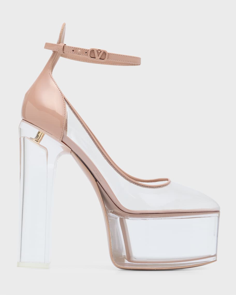 Valentino Garavani Tan go Clear Ankle Strap Platform Sandals